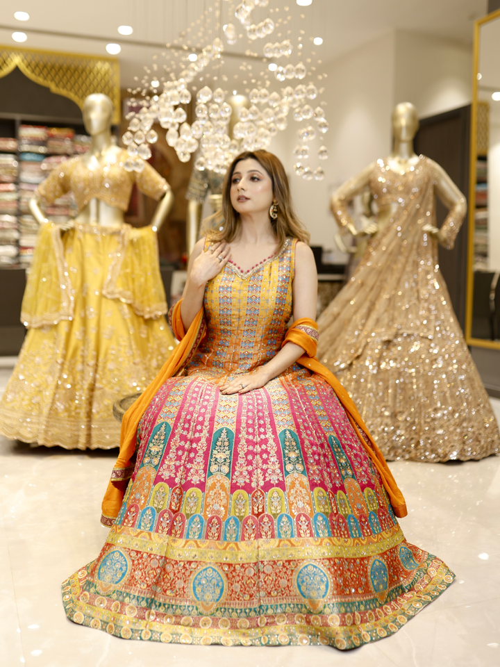 Banarasi Silk Meenakari Zari Woven Ombre Anarkali Gown with Dupatta in Multicolor & Orange
