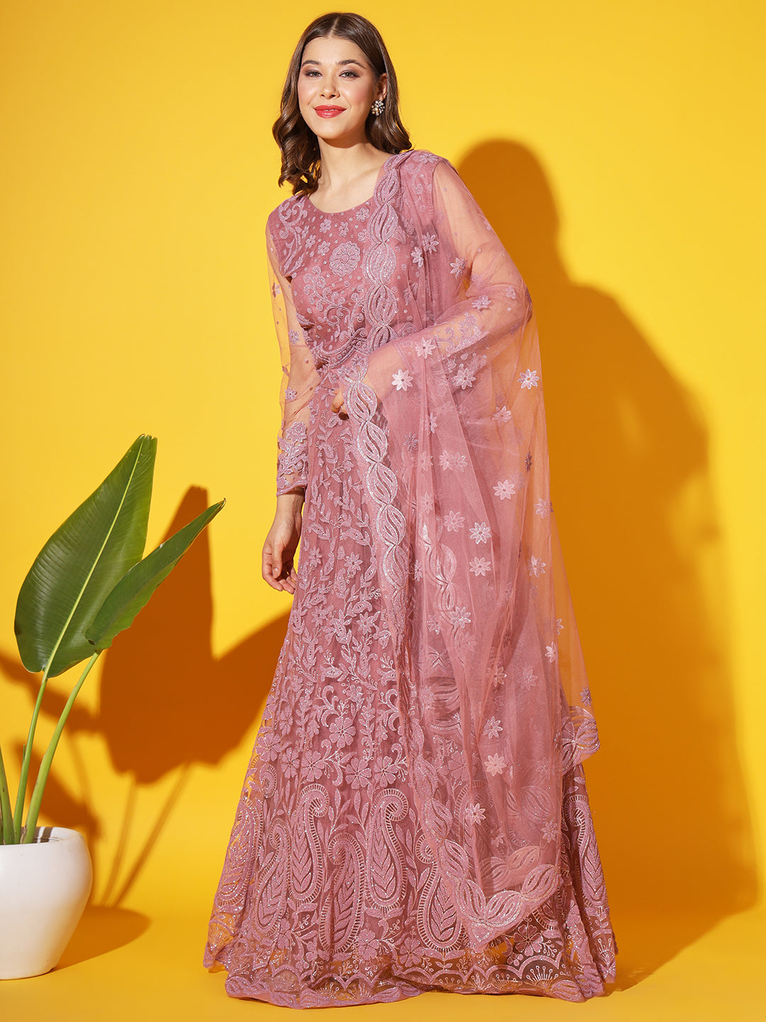 Paisley Pattern Net Lehenga Choli with Embellishment & Dupatta