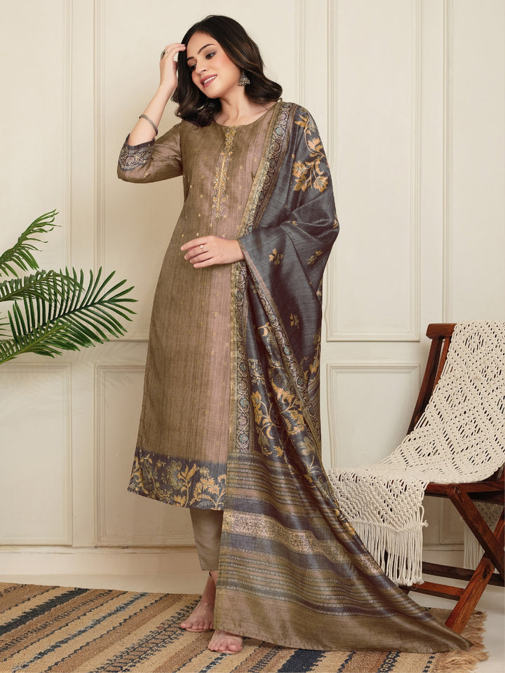 Jacquard Woven Kurta Pant Set with Mirror Embroidered Yoke & Digital Print Dupatta