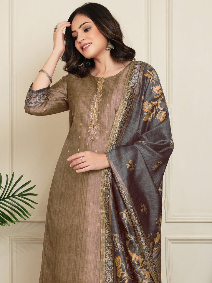 Jacquard Woven Kurta Pant Set with Mirror Embroidered Yoke & Digital Print Dupatta