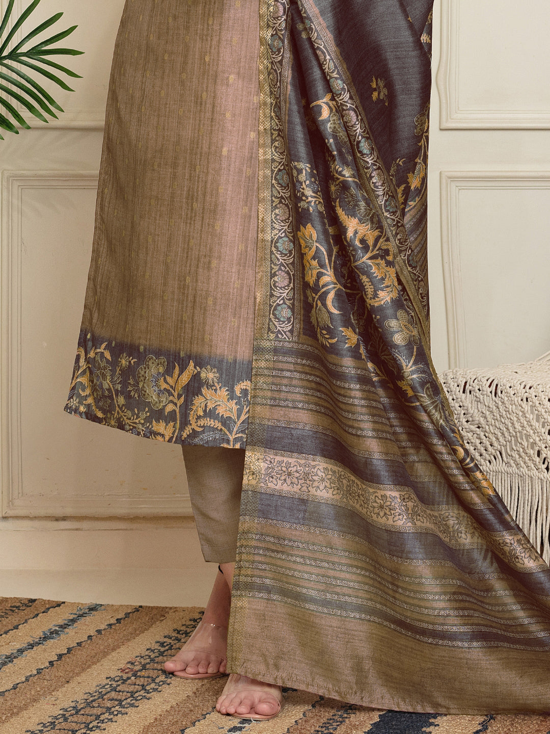 Jacquard Woven Kurta Pant Set with Mirror Embroidered Yoke & Digital Print Dupatta