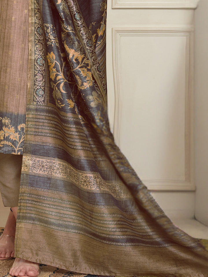 Jacquard Woven Kurta Pant Set with Mirror Embroidered Yoke & Digital Print Dupatta