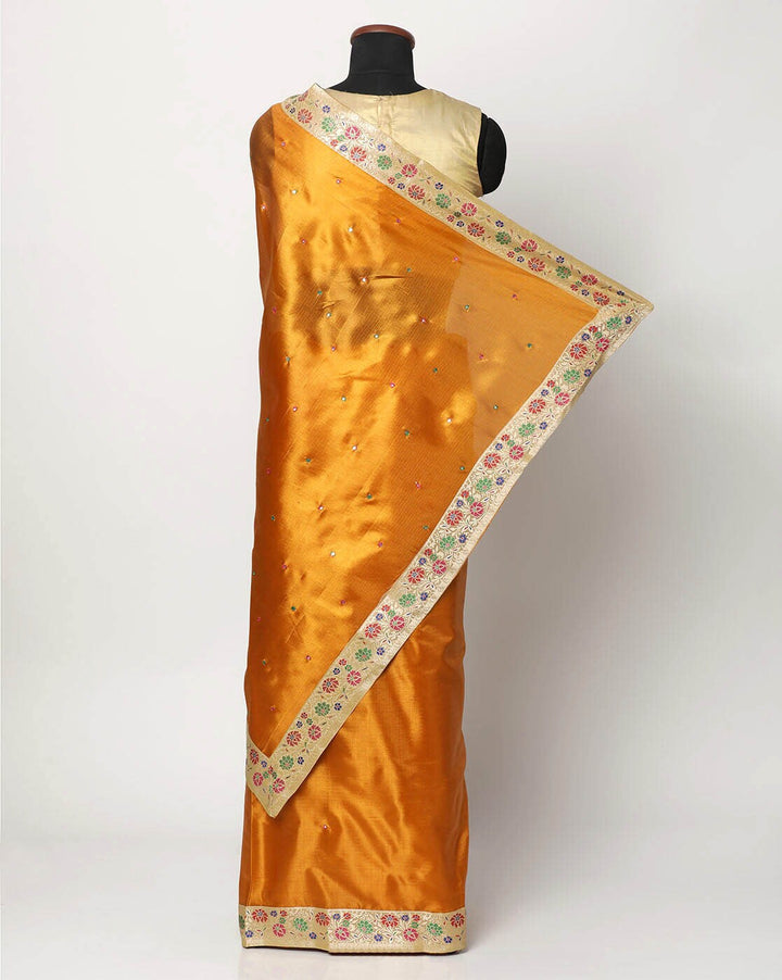 Banarasi Handloom Tussar Saree With Ethnic Floral Banarasi Border & Mirror Embellishments Attached Matching Blouse