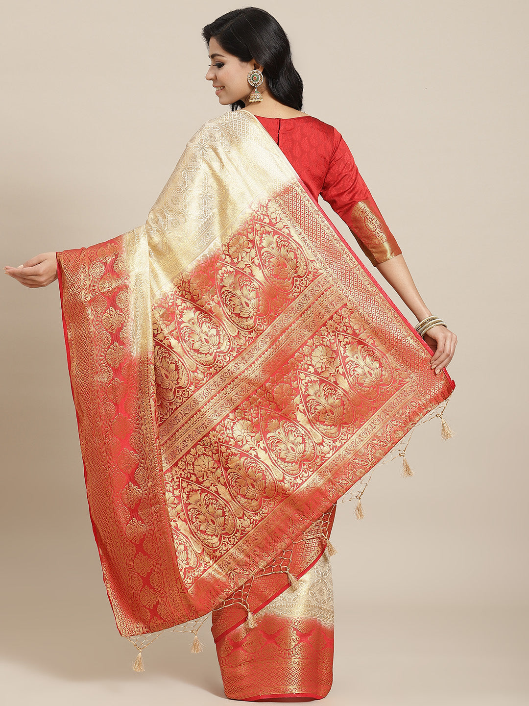 Cream Brocade Banarasi Golden Weaving Embellished Traditional Saree