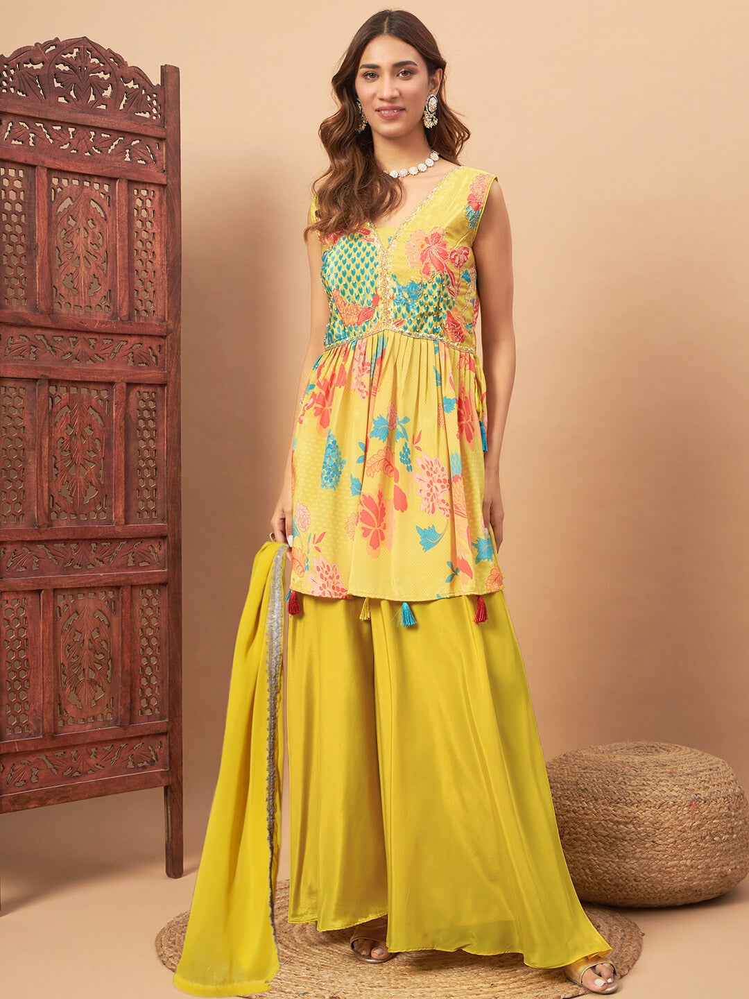 Chhabra 555 Yellow Crepe Silk Digital Printed Peplum Kurta, Flared Palazzo Dupatta Set