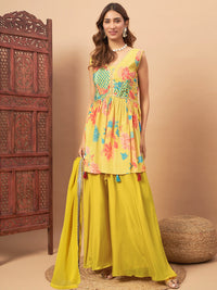 Chhabra 555 Yellow Crepe Silk Digital Printed Peplum Kurta, Flared Palazzo Dupatta Set