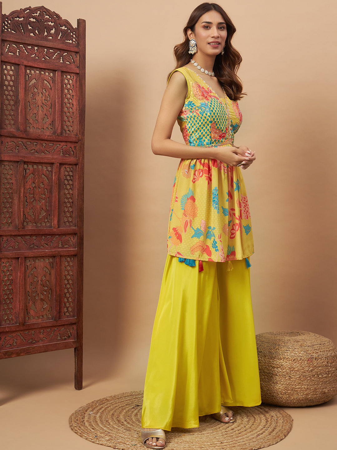 Yellow Crepe Silk Digital Printed Peplum Kurta, Flared Palazzo Dupatta Set