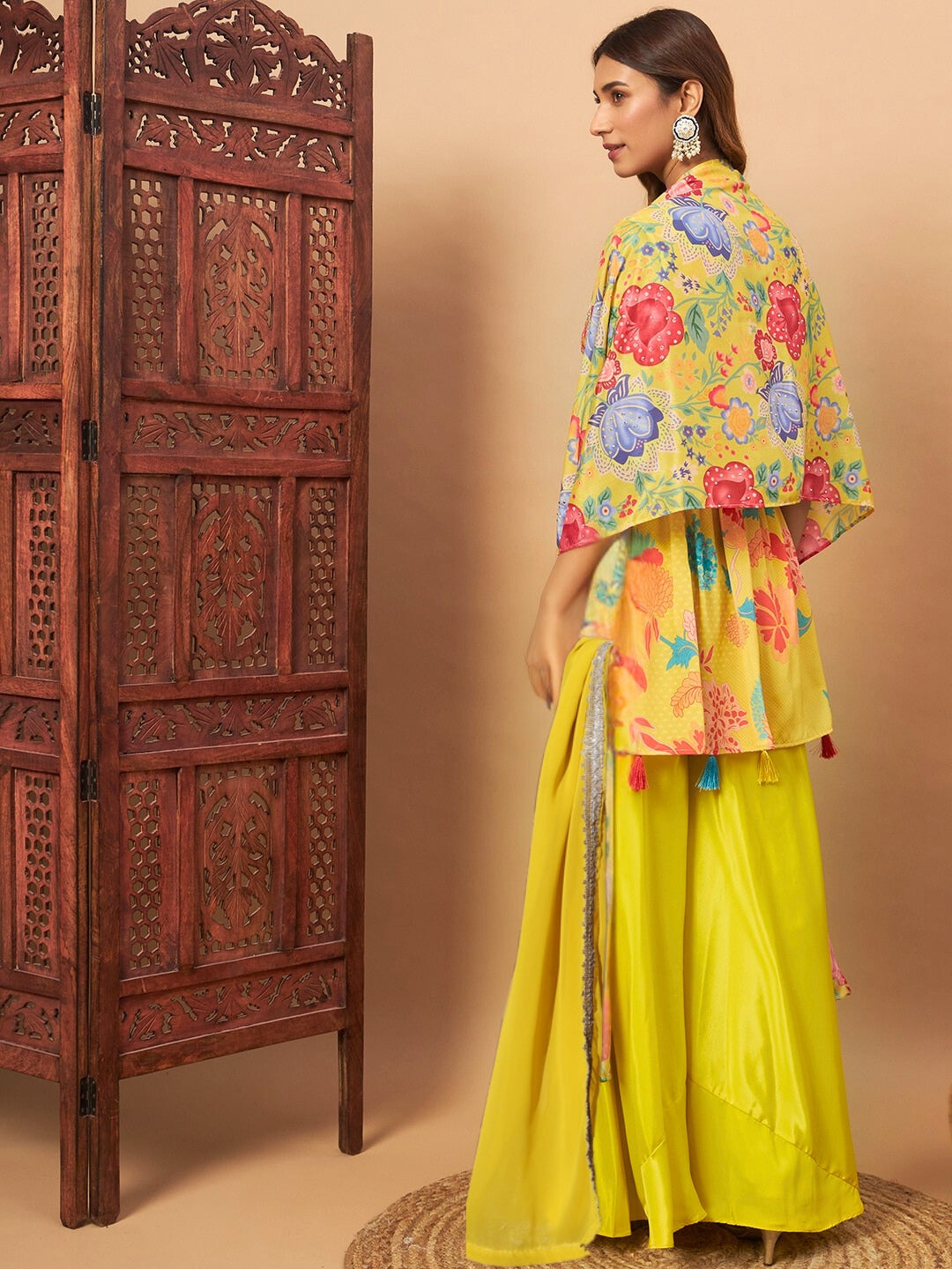 Yellow Crepe Silk Digital Printed Peplum Kurta, Flared Palazzo Dupatta Set