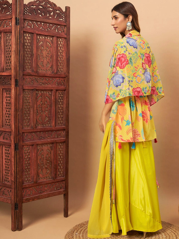 Yellow Crepe Silk Digital Printed Peplum Kurta, Flared Palazzo Dupatta Set