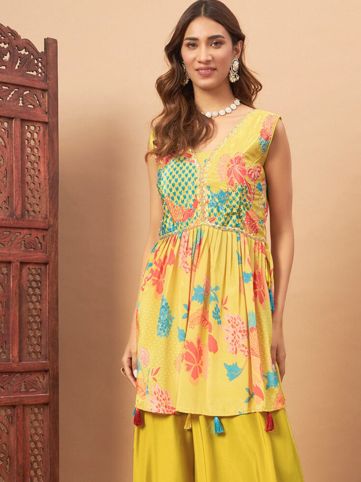 Yellow Crepe Silk Digital Printed Peplum Kurta, Flared Palazzo Dupatta Set