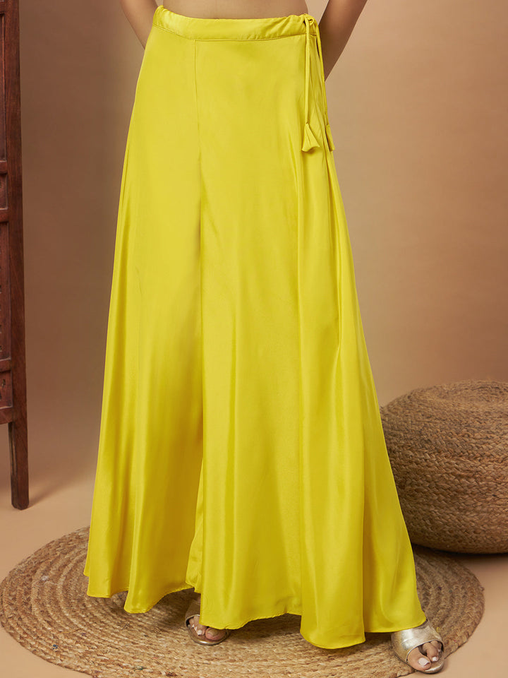 Yellow Crepe Silk Digital Printed Peplum Kurta, Flared Palazzo Dupatta Set