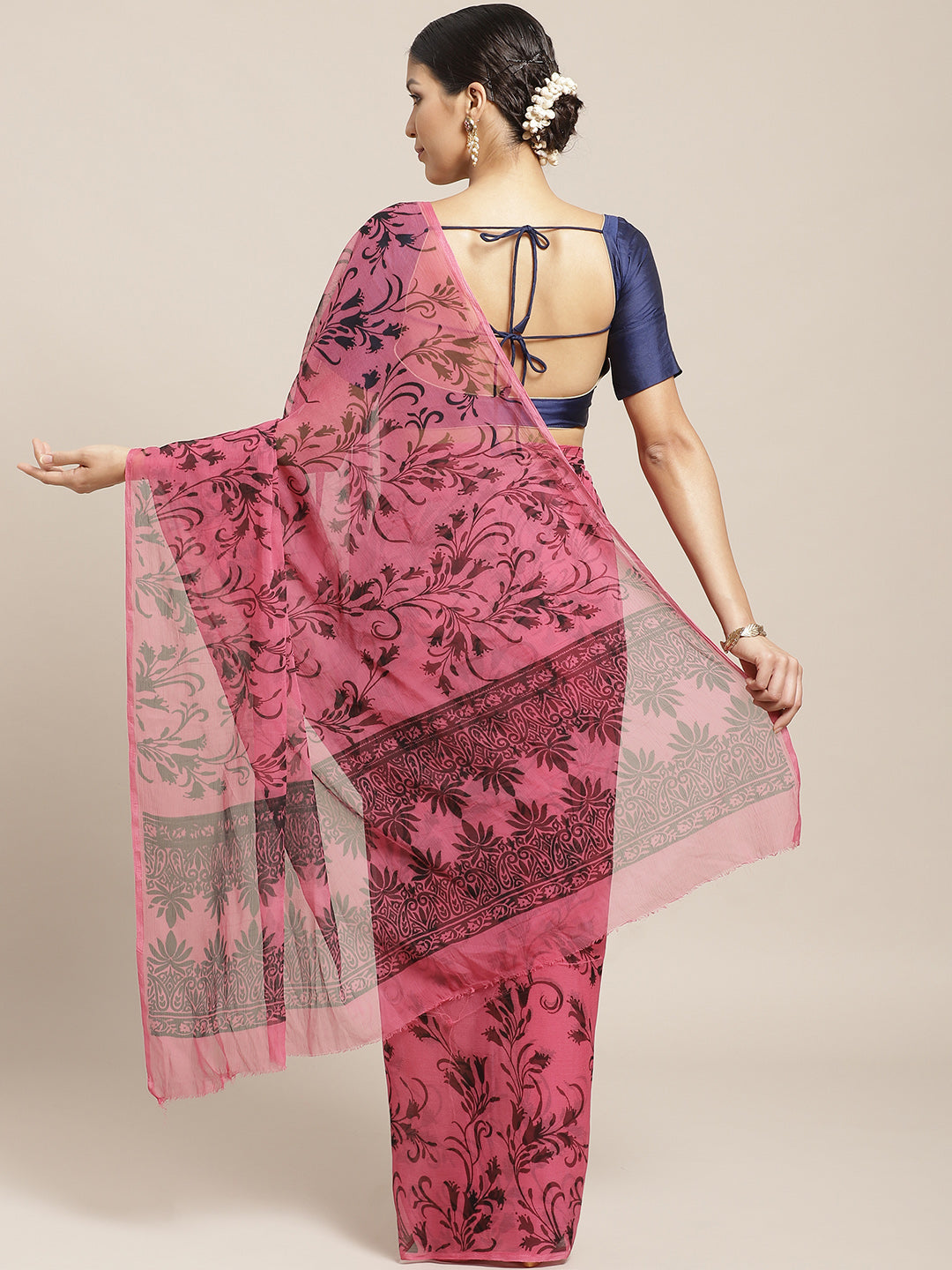 Fuchsia Chiffon Saree with Contemporary Floral Tulip Prints and ColorBlocking