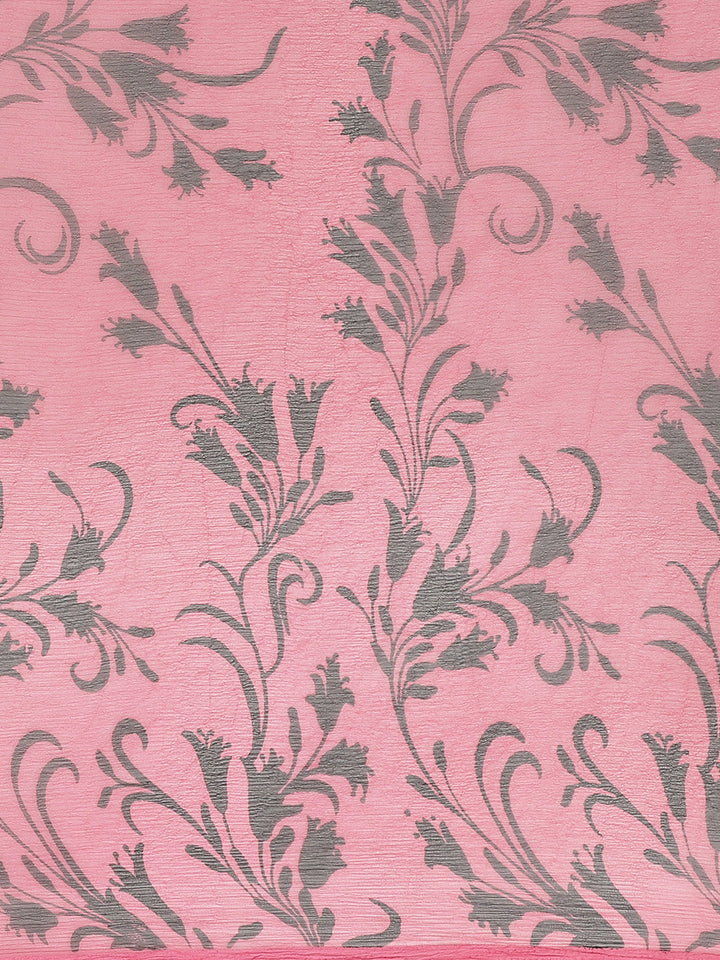 Fuchsia Chiffon Saree with Contemporary Floral Tulip Prints and ColorBlocking