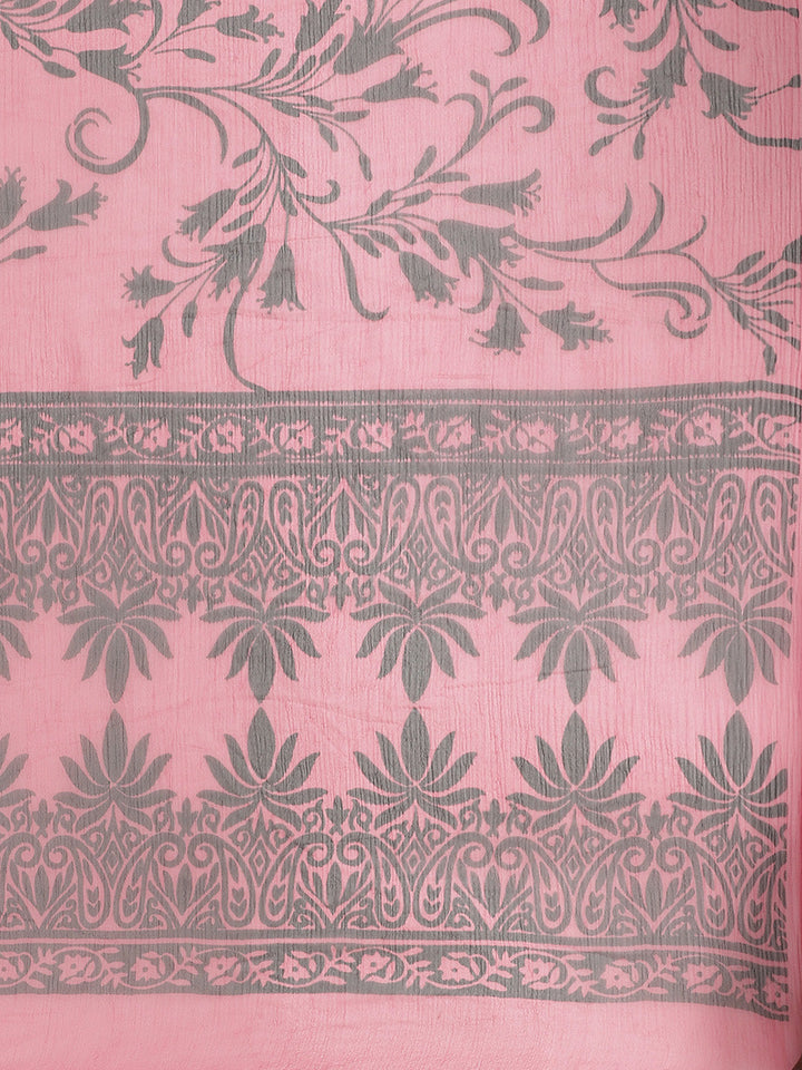 Fuchsia Chiffon Saree with Contemporary Floral Tulip Prints and ColorBlocking