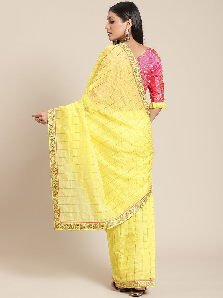 Bright Yellow Gharchola Saree With Gold Aari Border & Pink Kasab  Embroidery Blouse