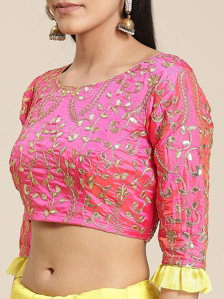 Bright Yellow Gharchola Saree With Gold Aari Border & Pink Kasab  Embroidery Blouse