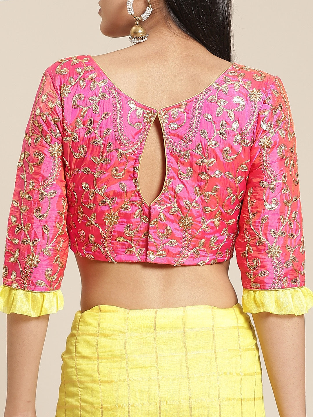 Bright Yellow Gharchola Saree With Gold Aari Border & Pink Kasab  Embroidery Blouse