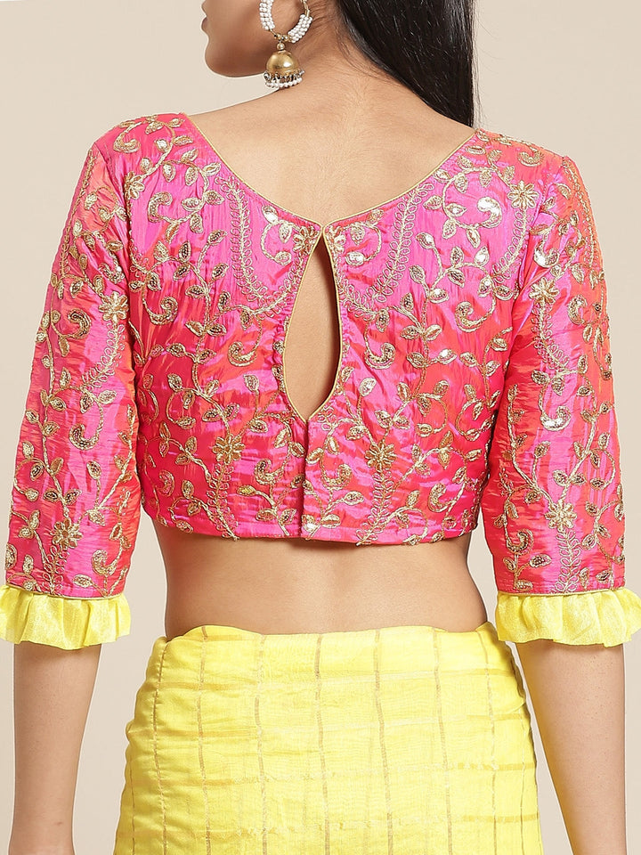 Bright Yellow Gharchola Saree With Gold Aari Border & Pink Kasab  Embroidery Blouse