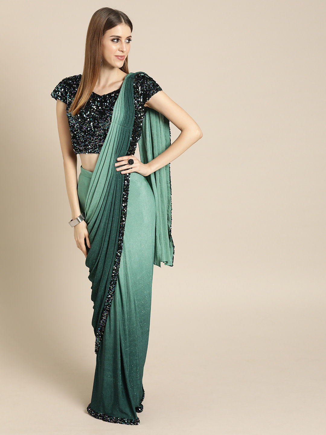 Ruffled Pre-Stitched Ombre Saree with Frills and Black Sequin Blouse