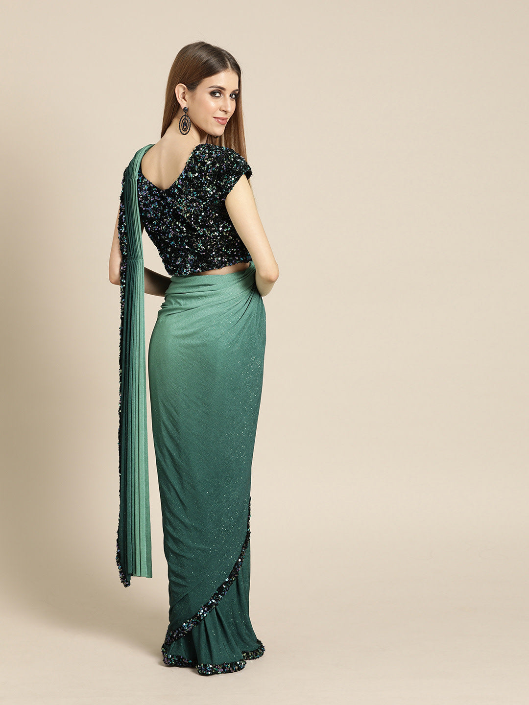 Ruffled Pre-Stitched Ombre Saree with Frills and Black Sequin Blouse