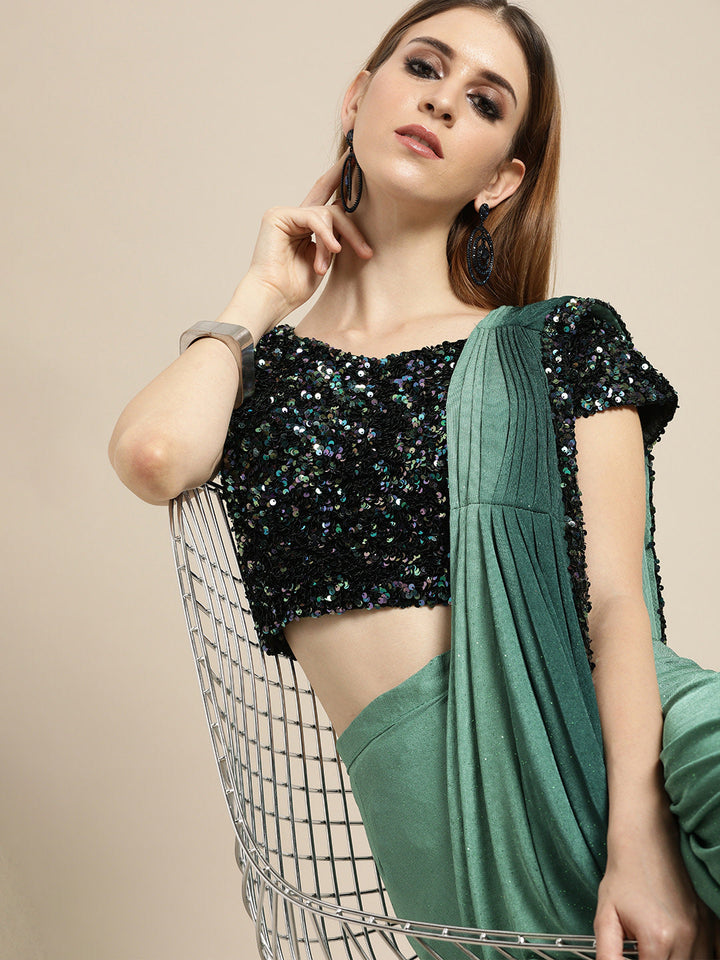 Ruffled Pre-Stitched Ombre Saree with Frills and Black Sequin Blouse