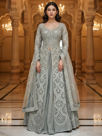 Sequinned Resham Embroidered Long Front-Slit Kurta with Pleated Lehenga & Dupatta