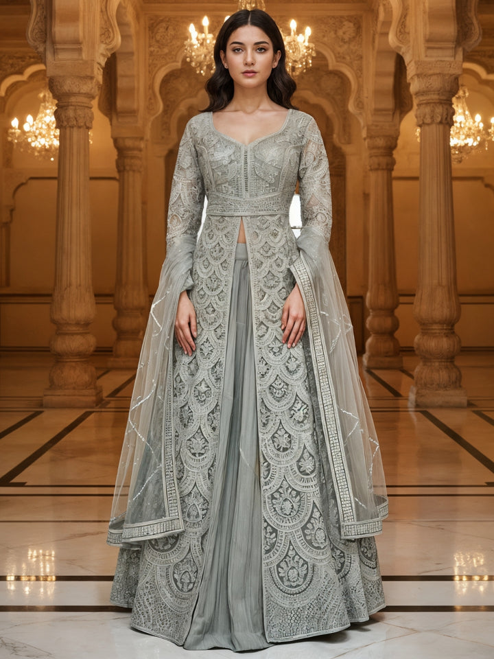 Sequinned Resham Embroidered Long Front-Slit Kurta with Pleated Lehenga & Dupatta
