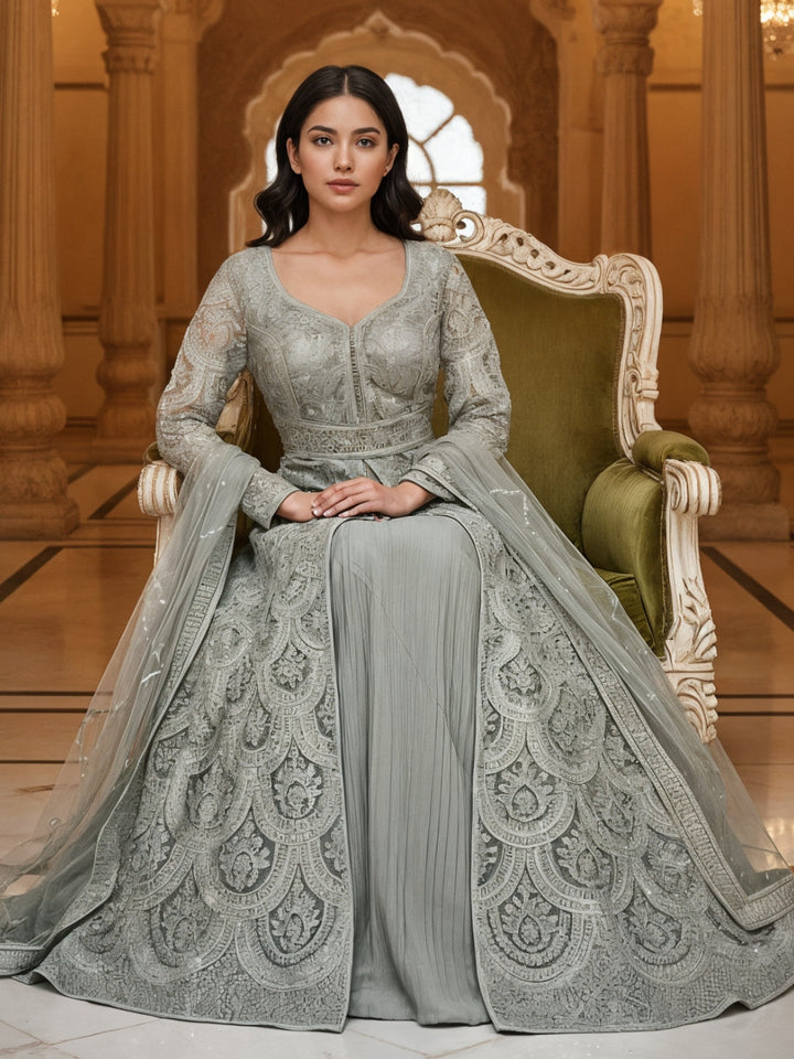 Sequinned Resham Embroidered Long Front-Slit Kurta with Pleated Lehenga & Dupatta