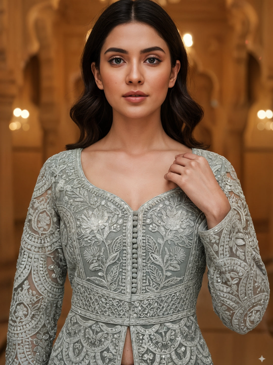 Sequinned Resham Embroidered Long Front-Slit Kurta with Pleated Lehenga & Dupatta