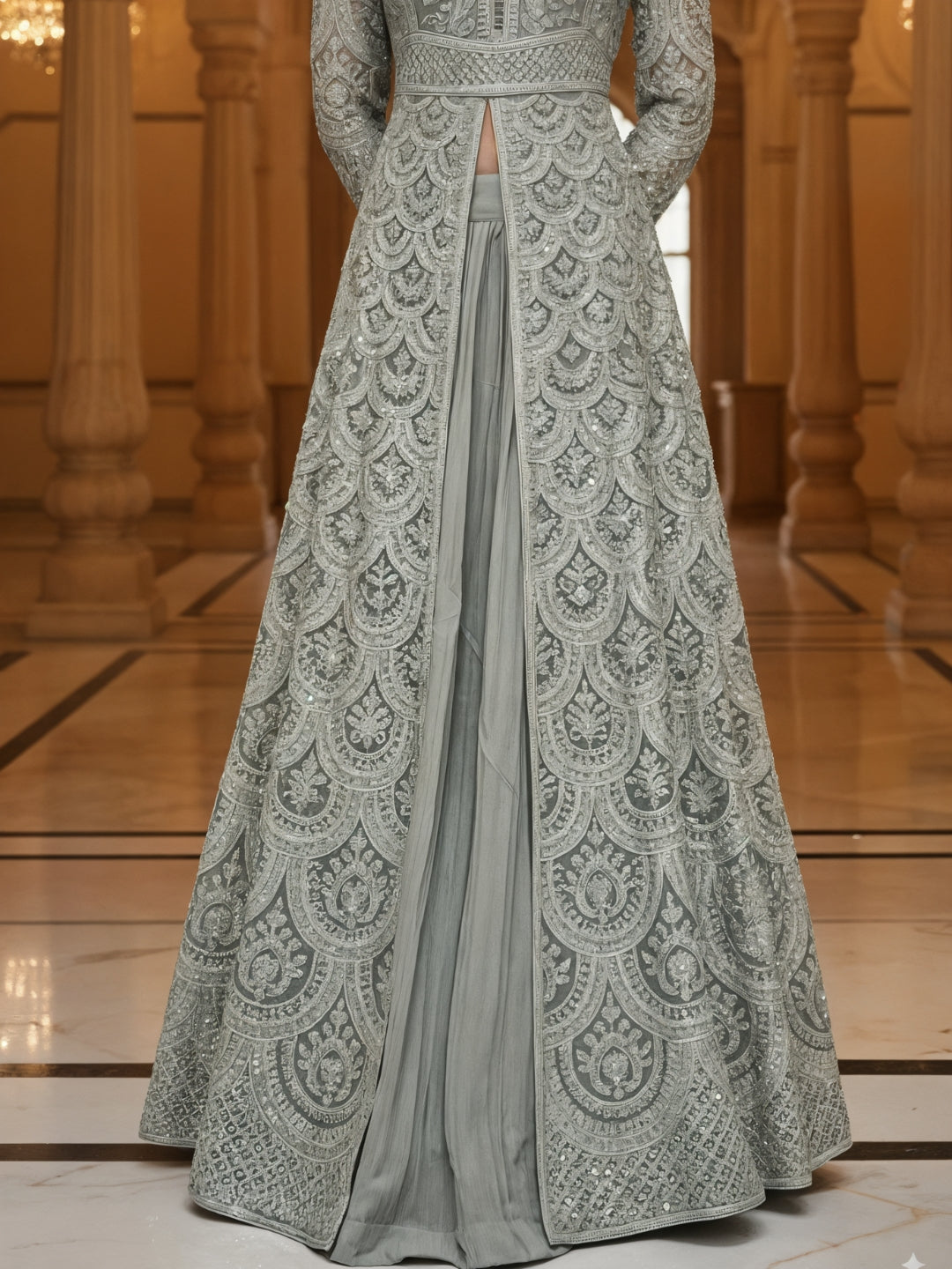 Sequinned Resham Embroidered Long Front-Slit Kurta with Pleated Lehenga & Dupatta