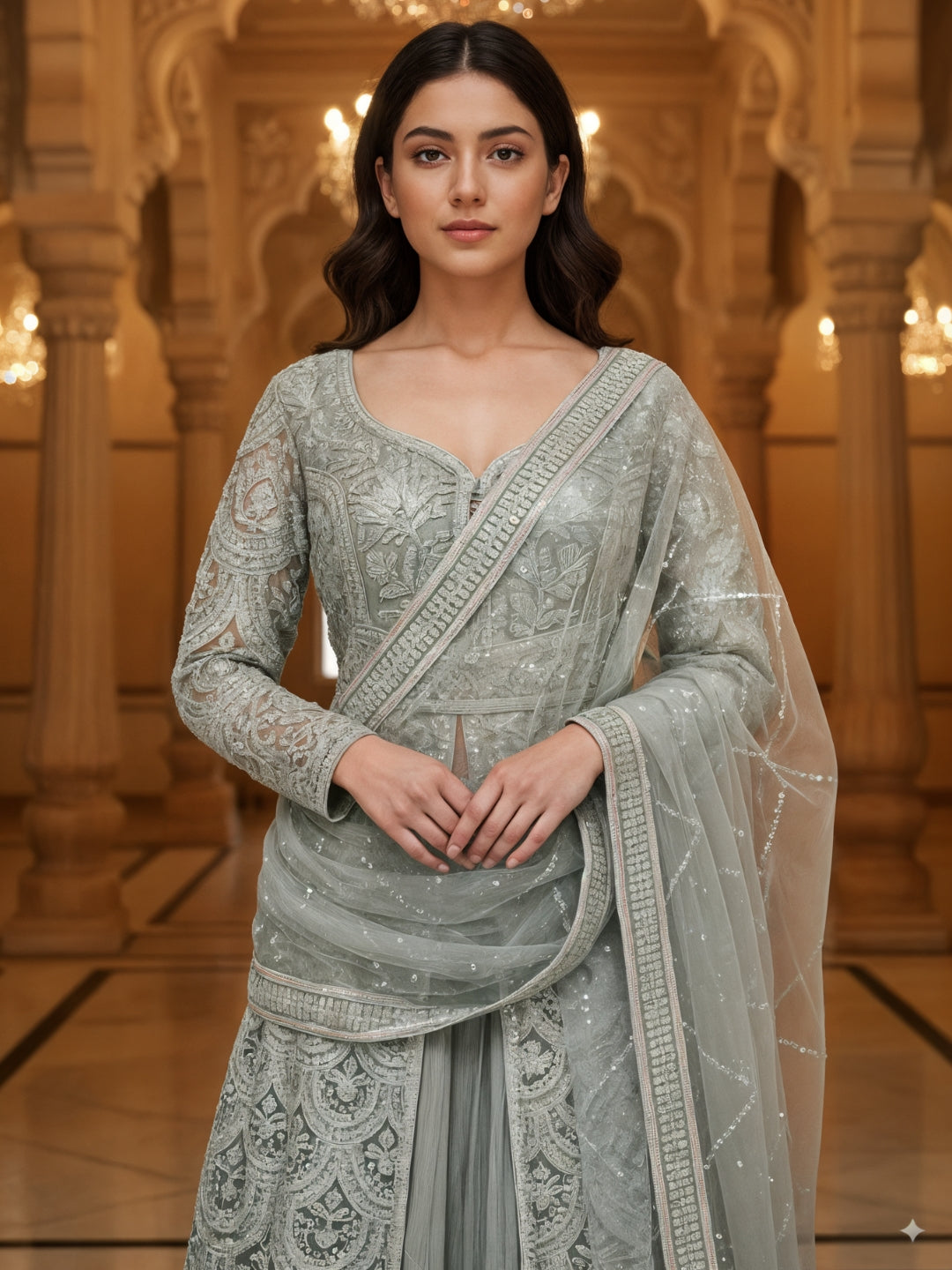 Sequinned Resham Embroidered Long Front-Slit Kurta with Pleated Lehenga & Dupatta