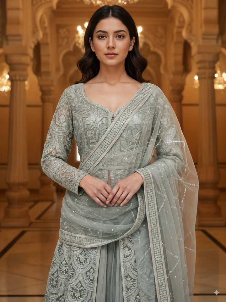 Sequinned Resham Embroidered Long Front-Slit Kurta with Pleated Lehenga & Dupatta