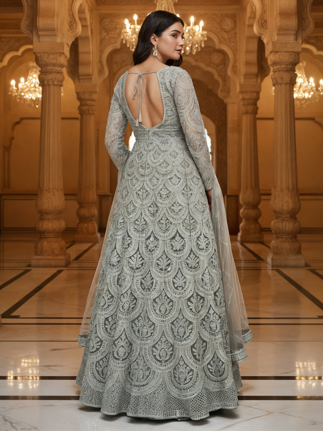 Sequinned Resham Embroidered Long Front-Slit Kurta with Pleated Lehenga & Dupatta