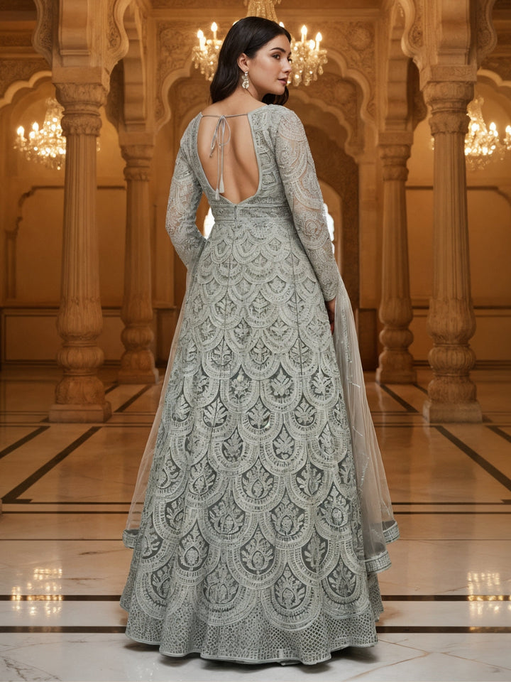Sequinned Resham Embroidered Long Front-Slit Kurta with Pleated Lehenga & Dupatta