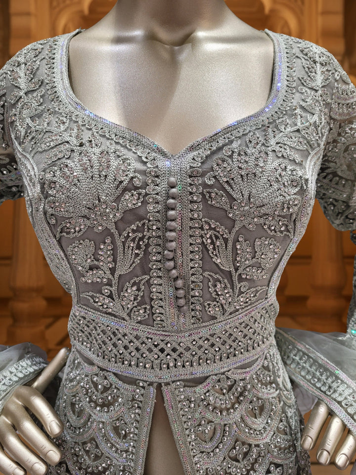 Sequinned Resham Embroidered Long Front-Slit Kurta with Pleated Lehenga & Dupatta