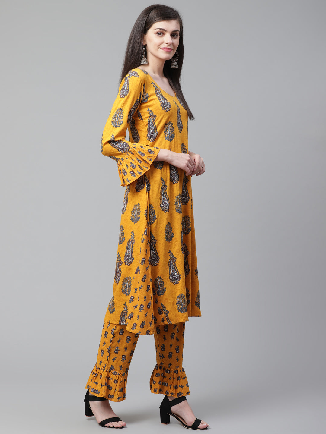 Made to Measure Kurta Pants Set With Floral Block Print and bell sleeves