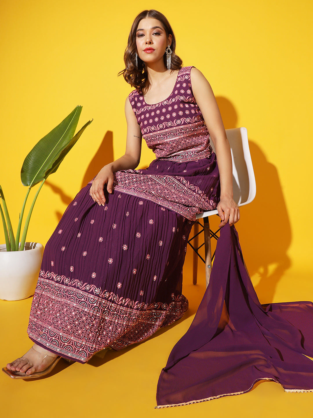 Purple Foil Print Peplum Kurti with Pleated Flared Gharara & Dupatta