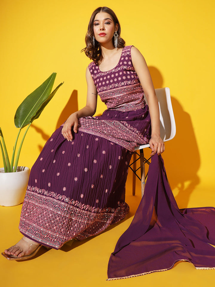 Purple Foil Print Peplum Kurti with Pleated Flared Gharara & Dupatta
