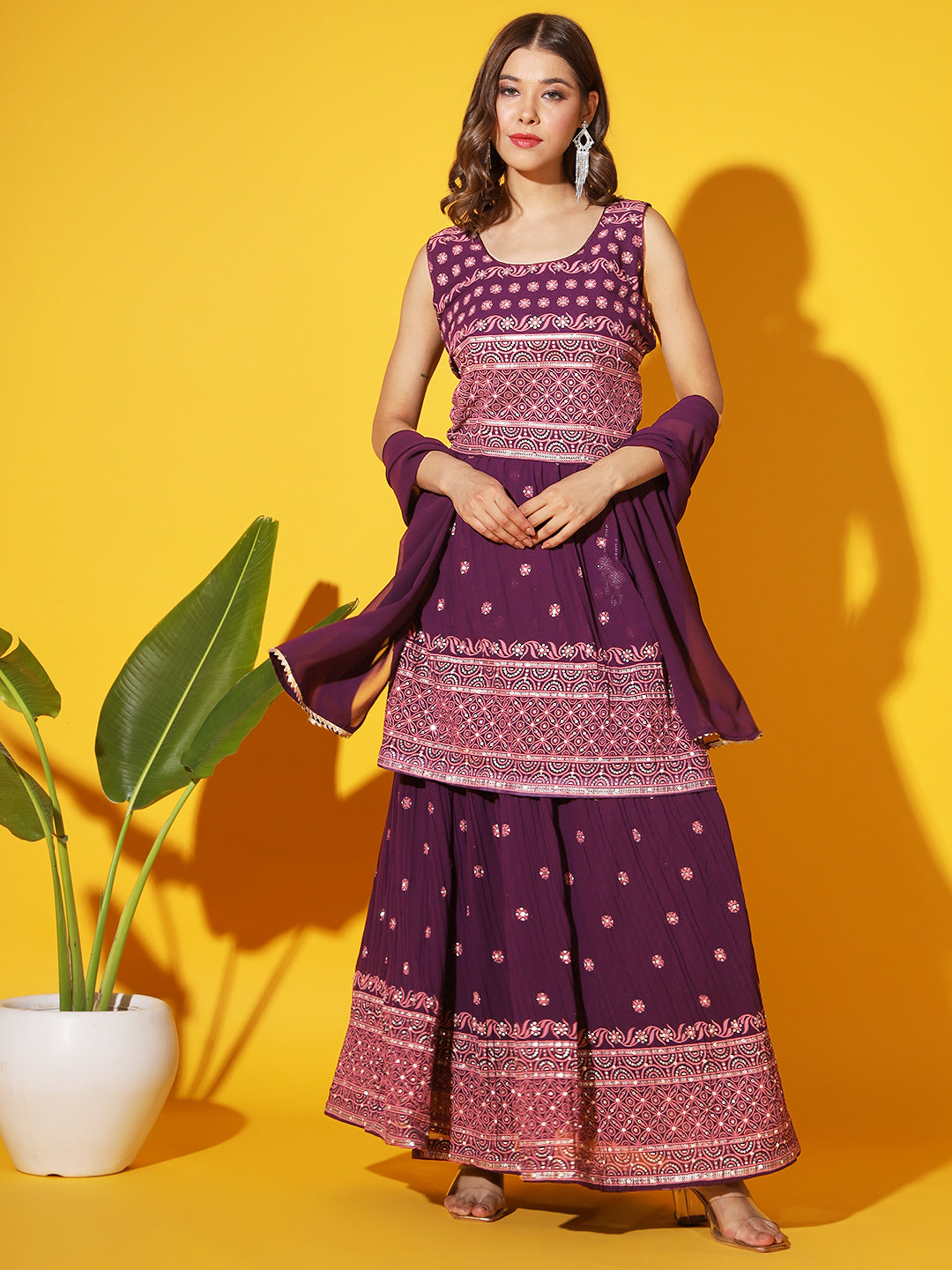 Purple Foil Print Peplum Kurti with Pleated Flared Gharara & Dupatta