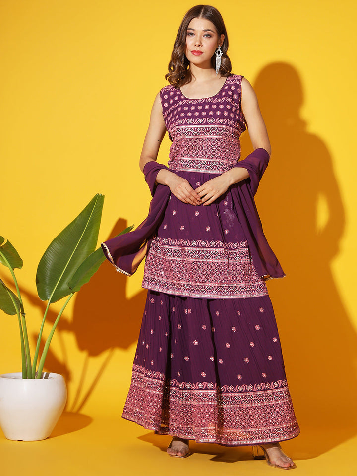 Purple Foil Print Peplum Kurti with Pleated Flared Gharara & Dupatta
