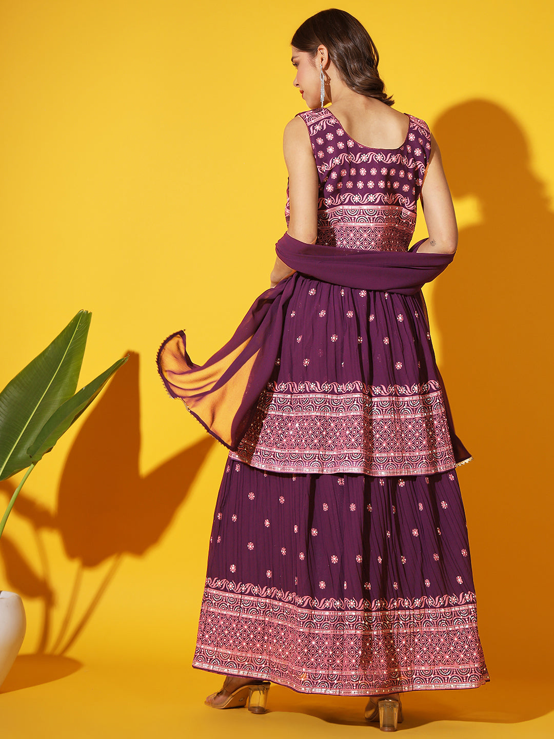 Purple Foil Print Peplum Kurti with Pleated Flared Gharara & Dupatta