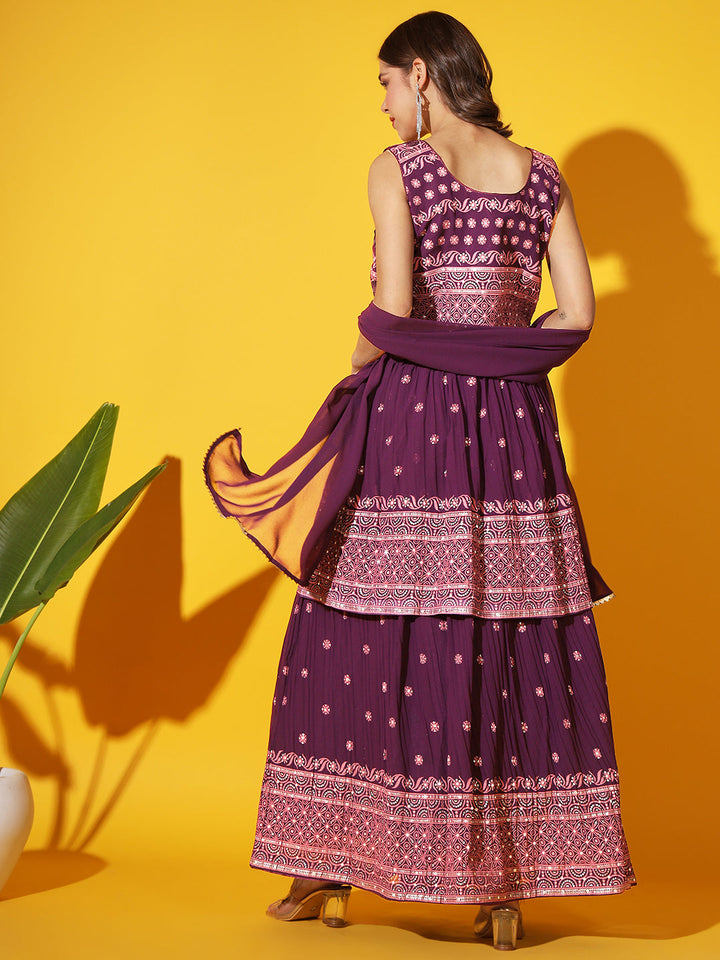 Purple Foil Print Peplum Kurti with Pleated Flared Gharara & Dupatta