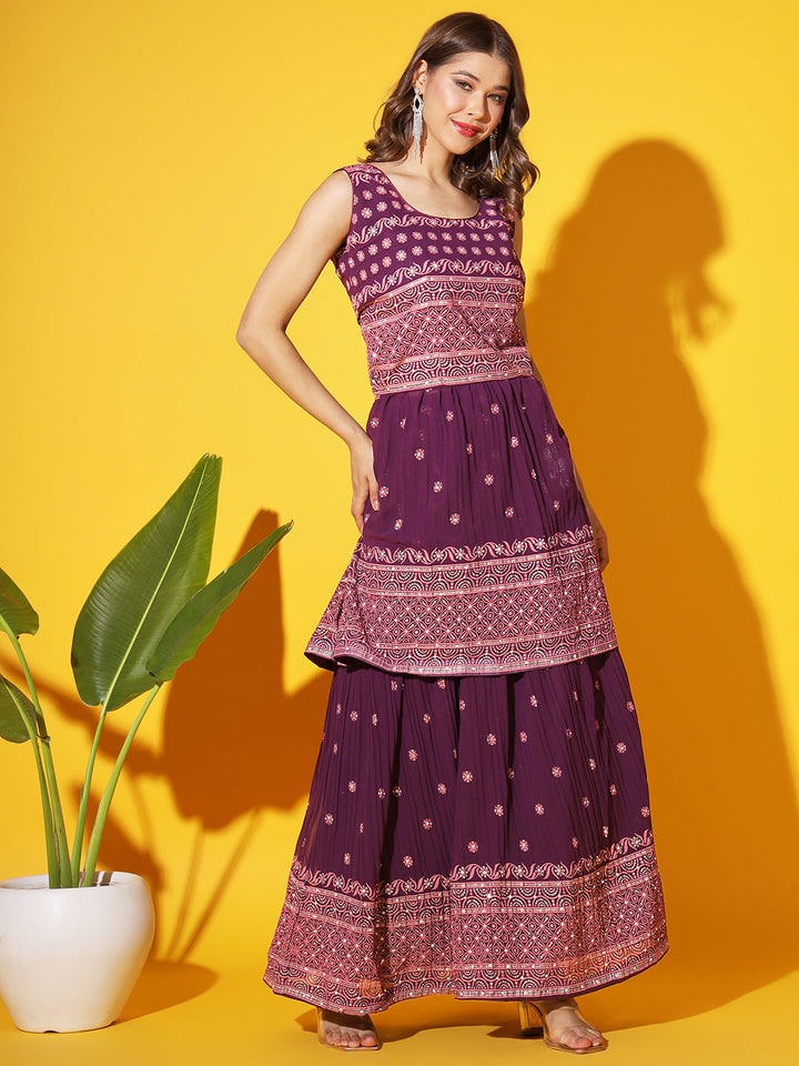 Purple Foil Print Peplum Kurti with Pleated Flared Gharara & Dupatta