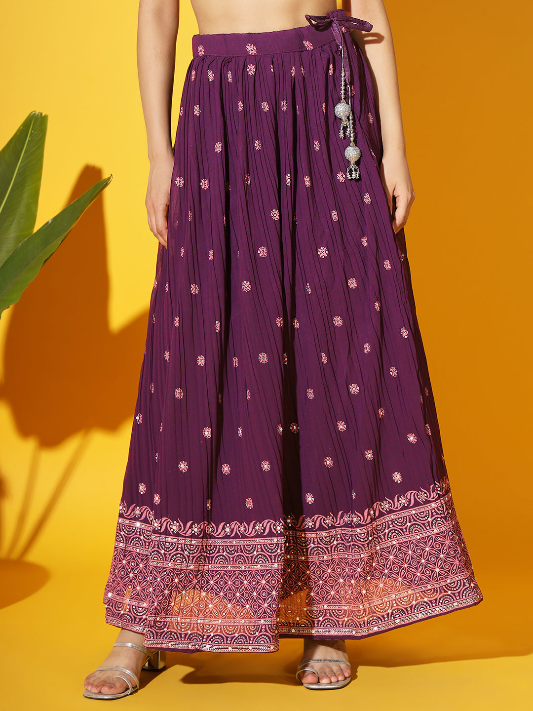 Purple Foil Print Peplum Kurti with Pleated Flared Gharara & Dupatta