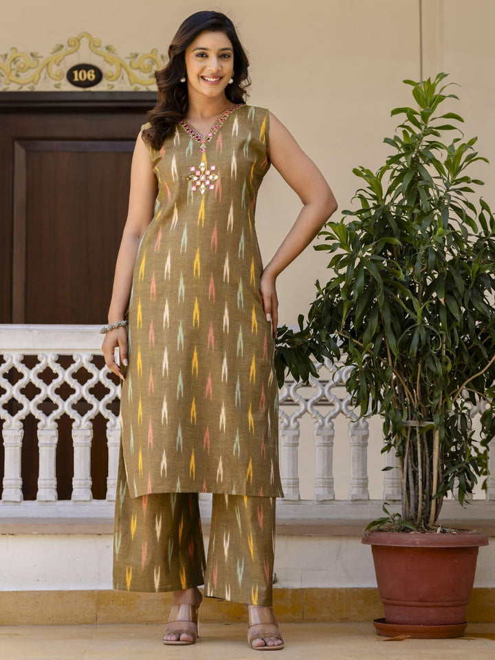 Ikat Print & Mirror Embellished Bhagalpuri Cotton Kurta Set with Chevron pant