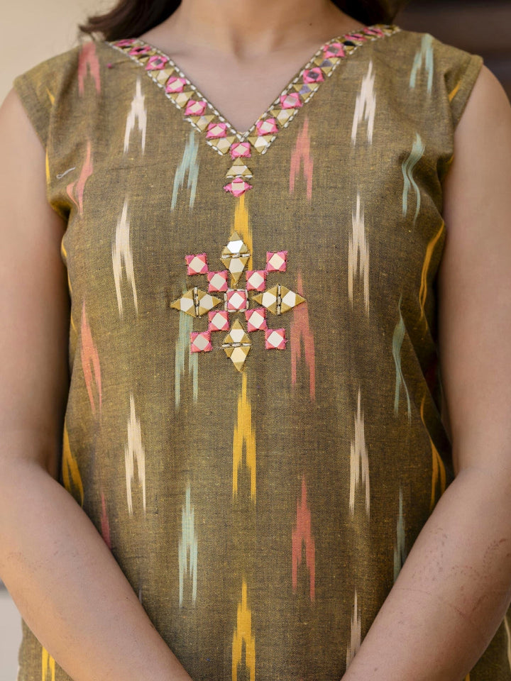 Ikat Print & Mirror Embellished Bhagalpuri Cotton Kurta Set with Chevron pant