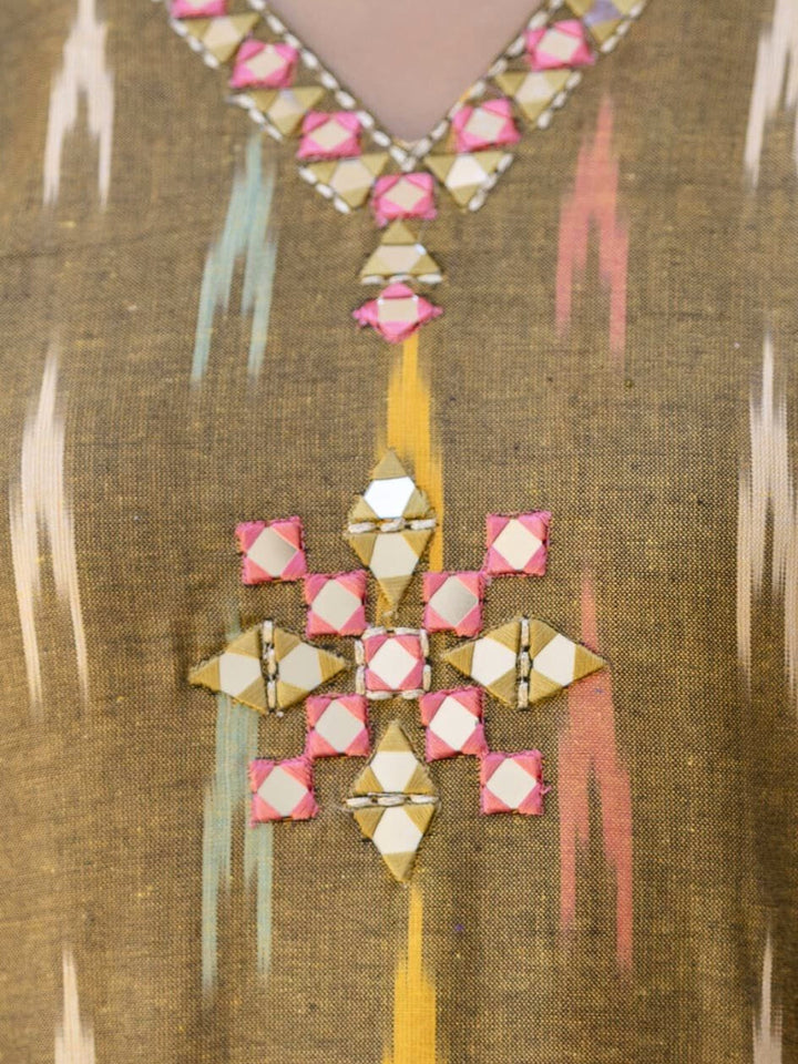 Ikat Print & Mirror Embellished Bhagalpuri Cotton Kurta Set with Chevron pant