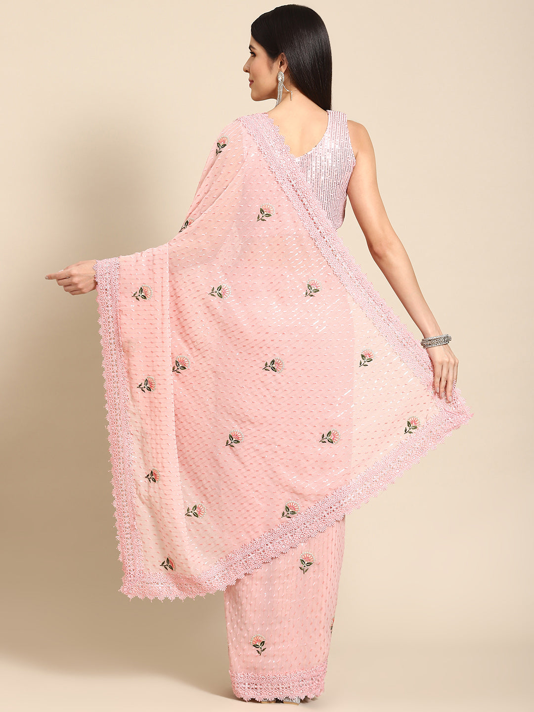 Floral Resham Embroidered Georgette Saree with Lace Embellishments