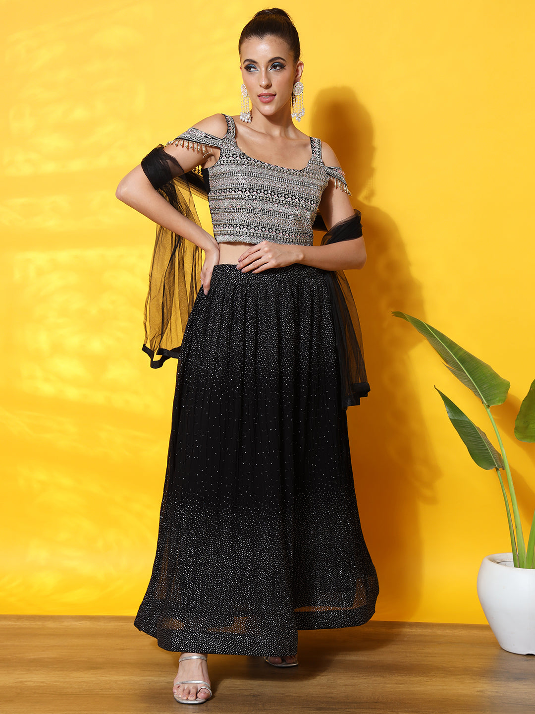 Tassled Cold Shoulder Georgette Pleated Foil Print Lehenga Choli Set