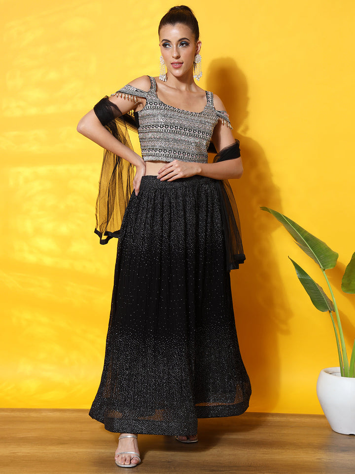 Tassled Cold Shoulder Georgette Pleated Foil Print Lehenga Choli Set
